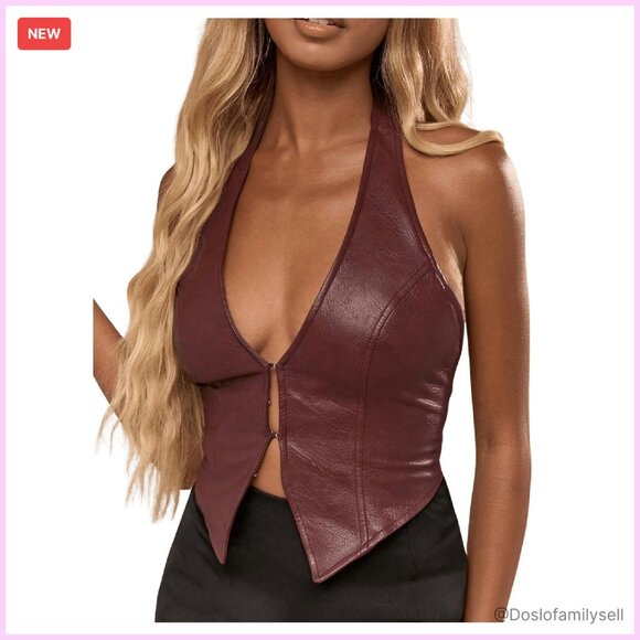 PU Leather Halter Tank Top Sexy Deep V Neck Asymmetrical Vest Corset Party Wear